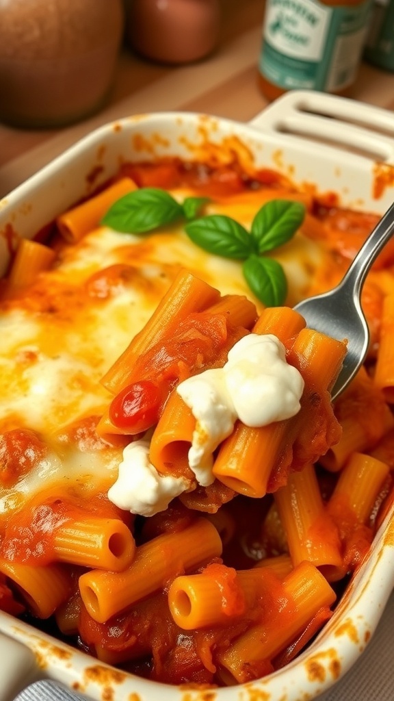 Cheesy Baked Rigatoni Recipe Baked rigatoni with melted cheese and marinara sauce, garnished with basil in a baking dish.